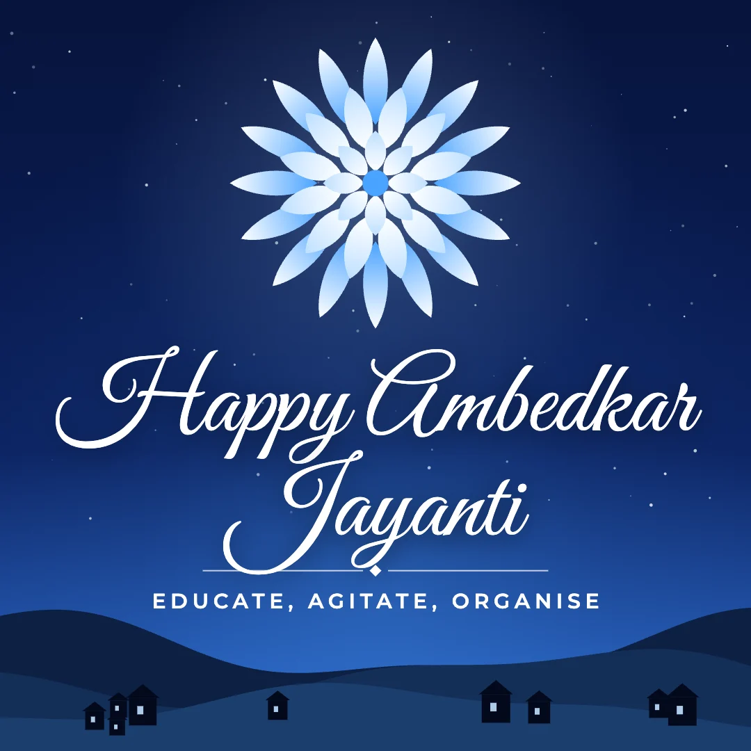 Happy Ambedkar Jayanti greeting image in night skyline style with the wish “Educate, agitate, organise”