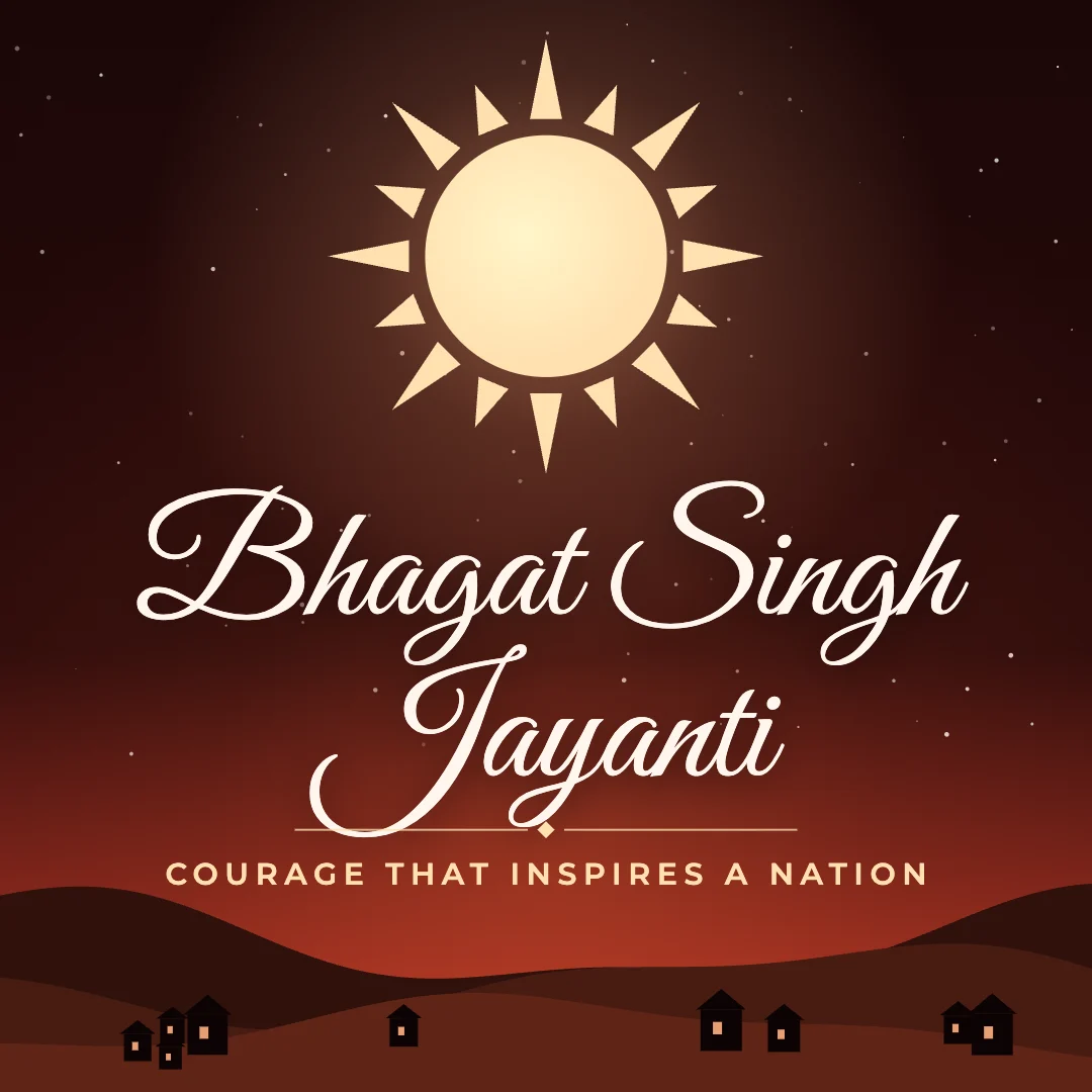 Bhagat Singh Jayanti greeting image in night skyline style with the wish “Courage that inspires a nation”