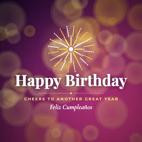Happy Birthday greeting image in bokeh lights style with the wish “Cheers to another great year” and the greeting in Spanish