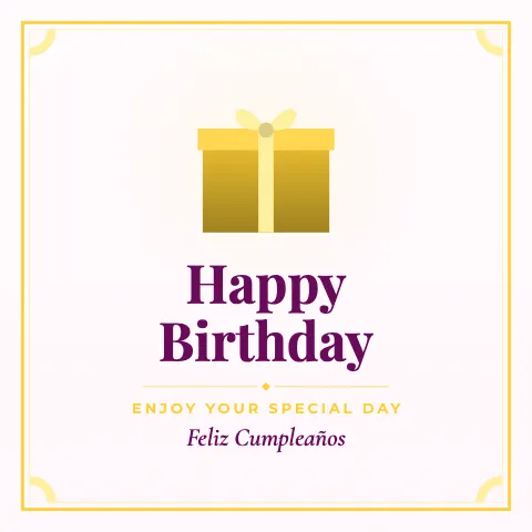 Happy Birthday greeting image in classic frame style with the wish “Enjoy your special day” and the greeting in Spanish