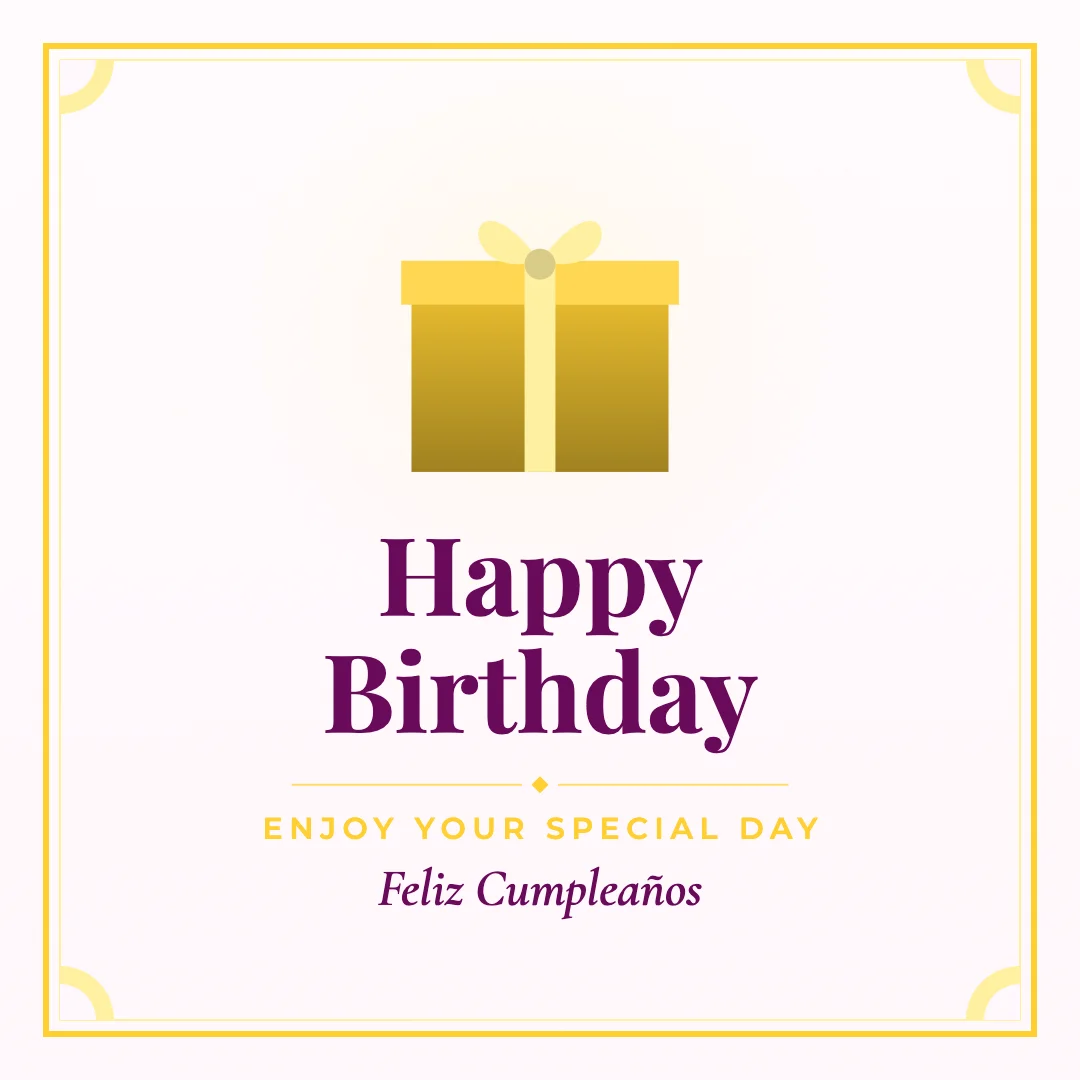 Happy Birthday greeting image in classic frame style with the wish “Enjoy your special day” and the greeting in Spanish
