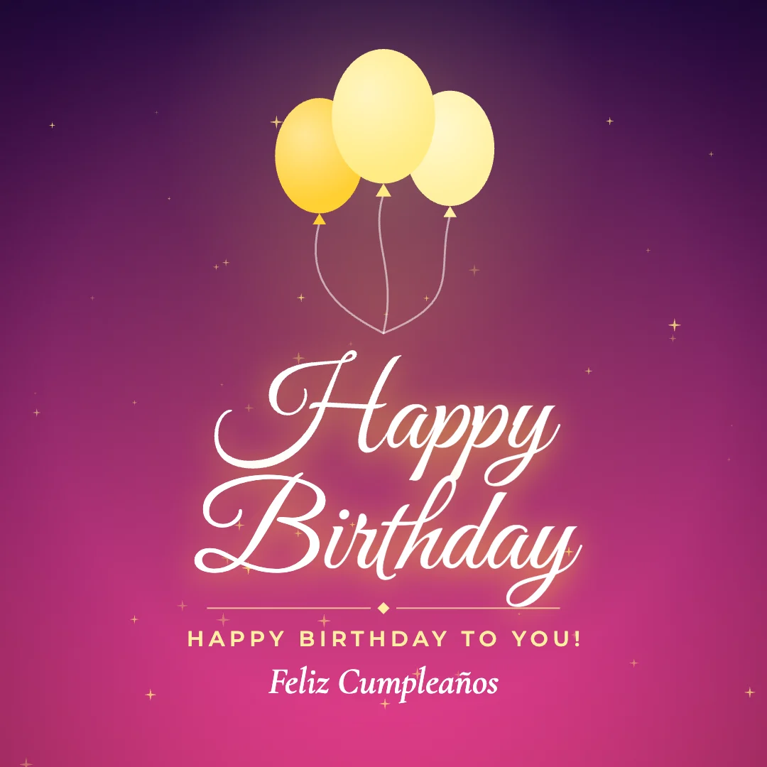Happy Birthday greeting image in golden glow style with the wish “Happy Birthday to you!” and the greeting in Spanish