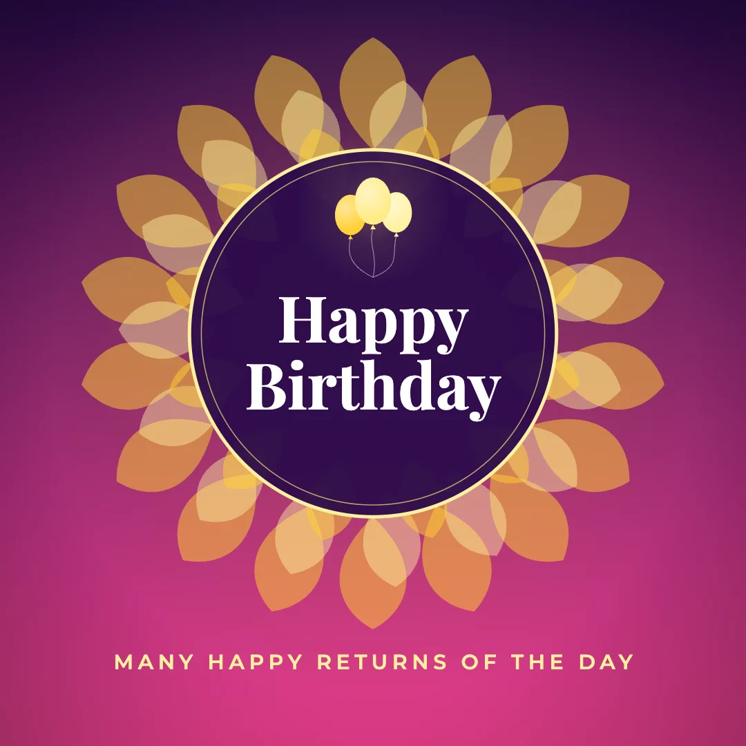 Happy Birthday greeting image in mandala circle style with the wish “Many happy returns of the day”
