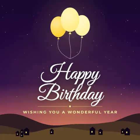 Happy Birthday greeting image in night skyline style with the wish “Wishing you a wonderful year”