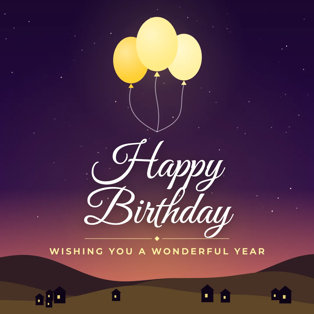 Happy Birthday greeting image in night skyline style with the wish “Wishing you a wonderful year”