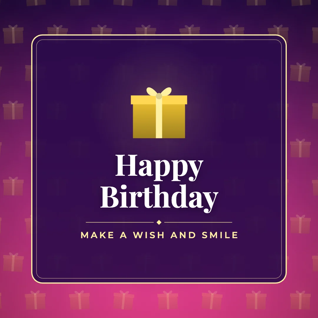 Happy Birthday greeting image in pattern panel style with the wish “Make a wish and smile”