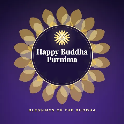 Happy Buddha Purnima greeting image in mandala circle style with the wish “Blessings of the Buddha”