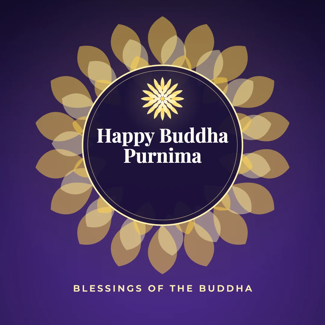 Happy Buddha Purnima greeting image in mandala circle style with the wish “Blessings of the Buddha”