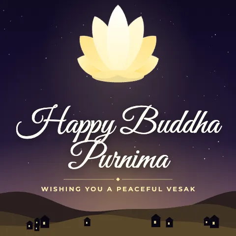 Happy Buddha Purnima greeting image in night skyline style with the wish “Wishing you a peaceful Vesak”