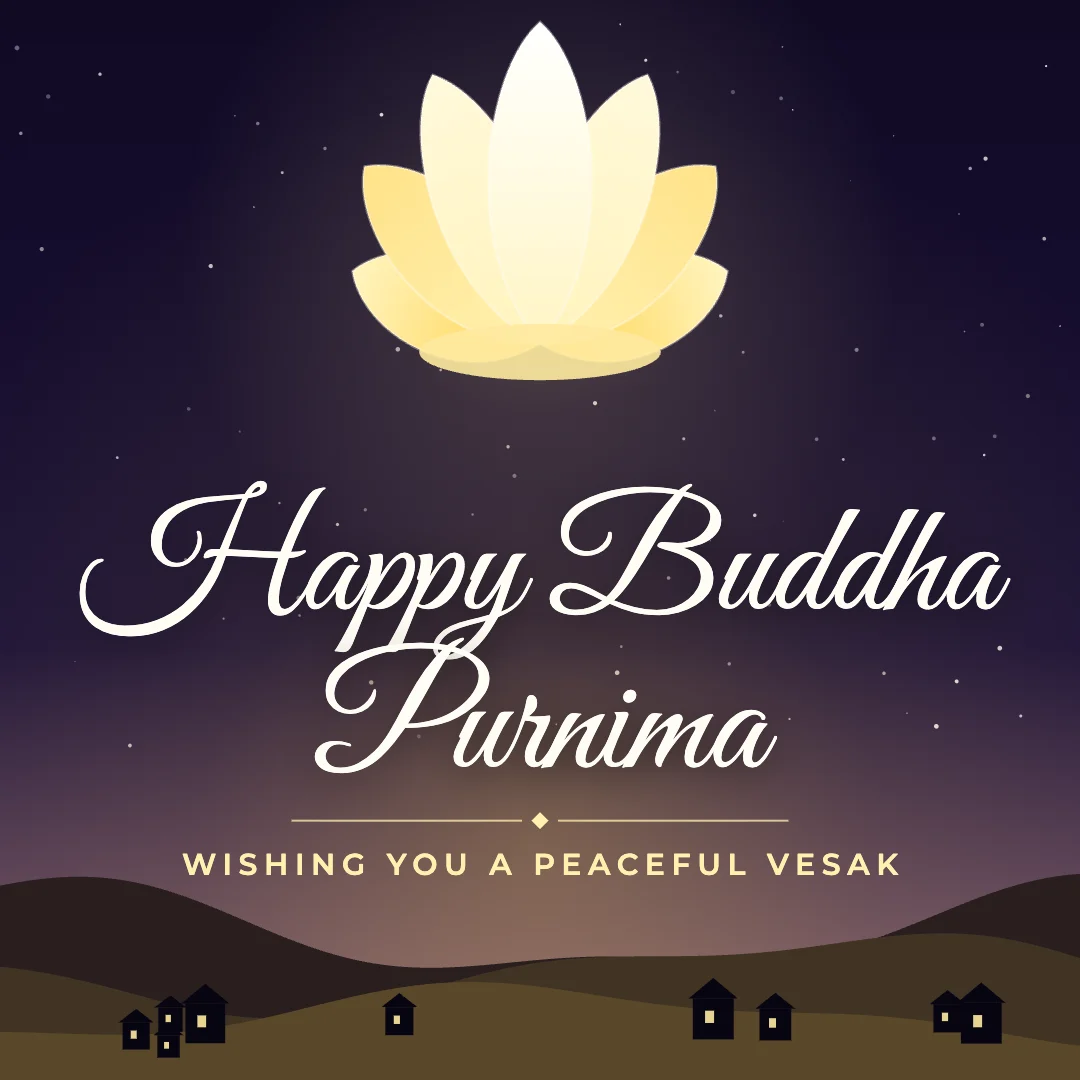 Happy Buddha Purnima greeting image in night skyline style with the wish “Wishing you a peaceful Vesak”