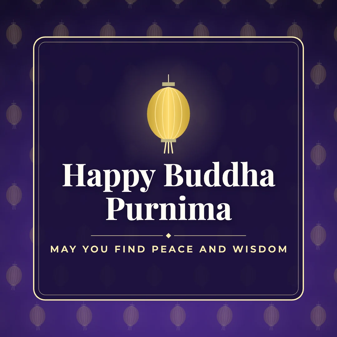 Happy Buddha Purnima greeting image in pattern panel style with the wish “May you find peace and wisdom”