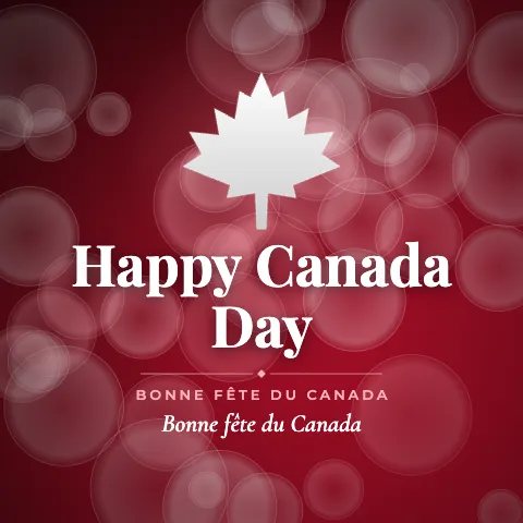 Happy Canada Day greeting image in bokeh lights style with the wish “Bonne fête du Canada” and the greeting in French