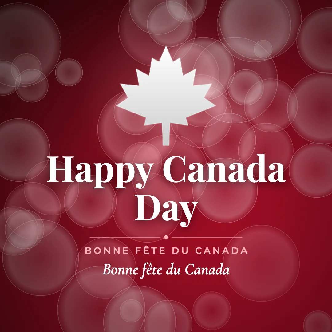 Happy Canada Day greeting image in bokeh lights style with the wish “Bonne fête du Canada” and the greeting in French