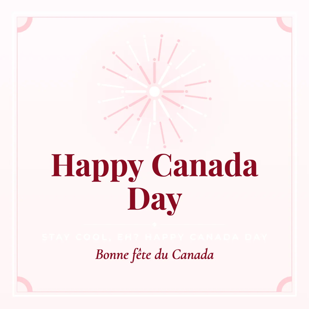 Happy Canada Day greeting image in classic frame style with the wish “Stay cool, eh? Happy Canada Day” and the greeting in French