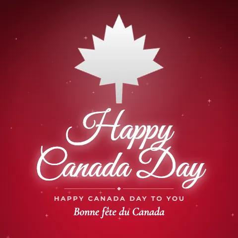 Happy Canada Day greeting image in golden glow style with the wish “Happy Canada Day to you” and the greeting in French