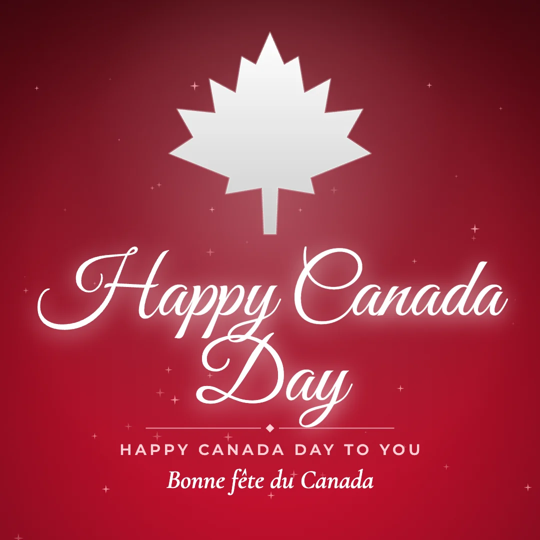 Happy Canada Day greeting image in golden glow style with the wish “Happy Canada Day to you” and the greeting in French