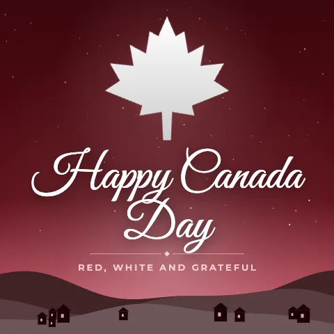 Happy Canada Day greeting image in night skyline style with the wish “Red, white and grateful”