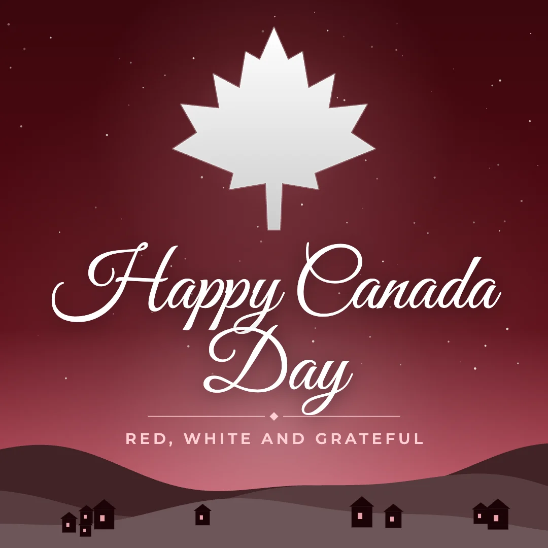 Happy Canada Day greeting image in night skyline style with the wish “Red, white and grateful”
