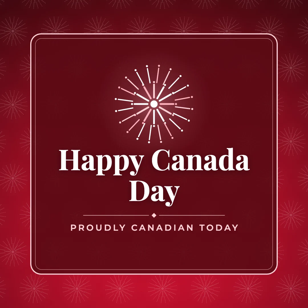 Happy Canada Day greeting image in pattern panel style with the wish “Proudly Canadian today”