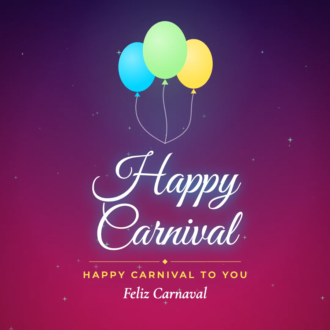 Happy Carnival greeting image in golden glow style with the wish “Happy Carnival to you” and the greeting in Portuguese