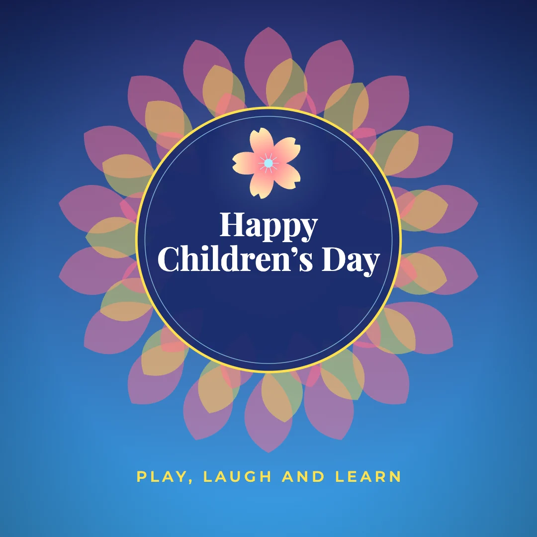 Happy Children’s Day greeting image in mandala circle style with the wish “Play, laugh and learn”