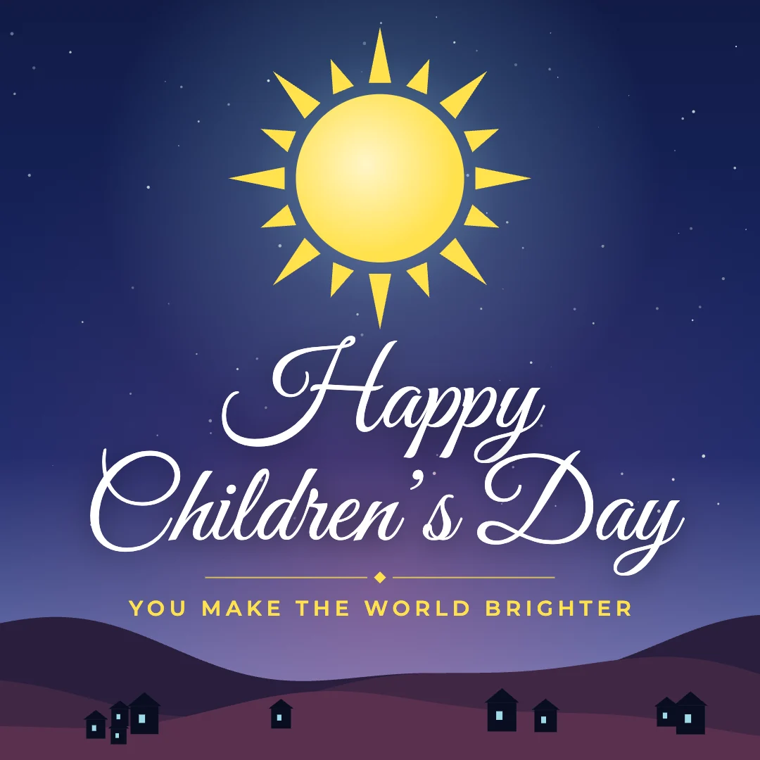 Happy Children’s Day greeting image in night skyline style with the wish “You make the world brighter”