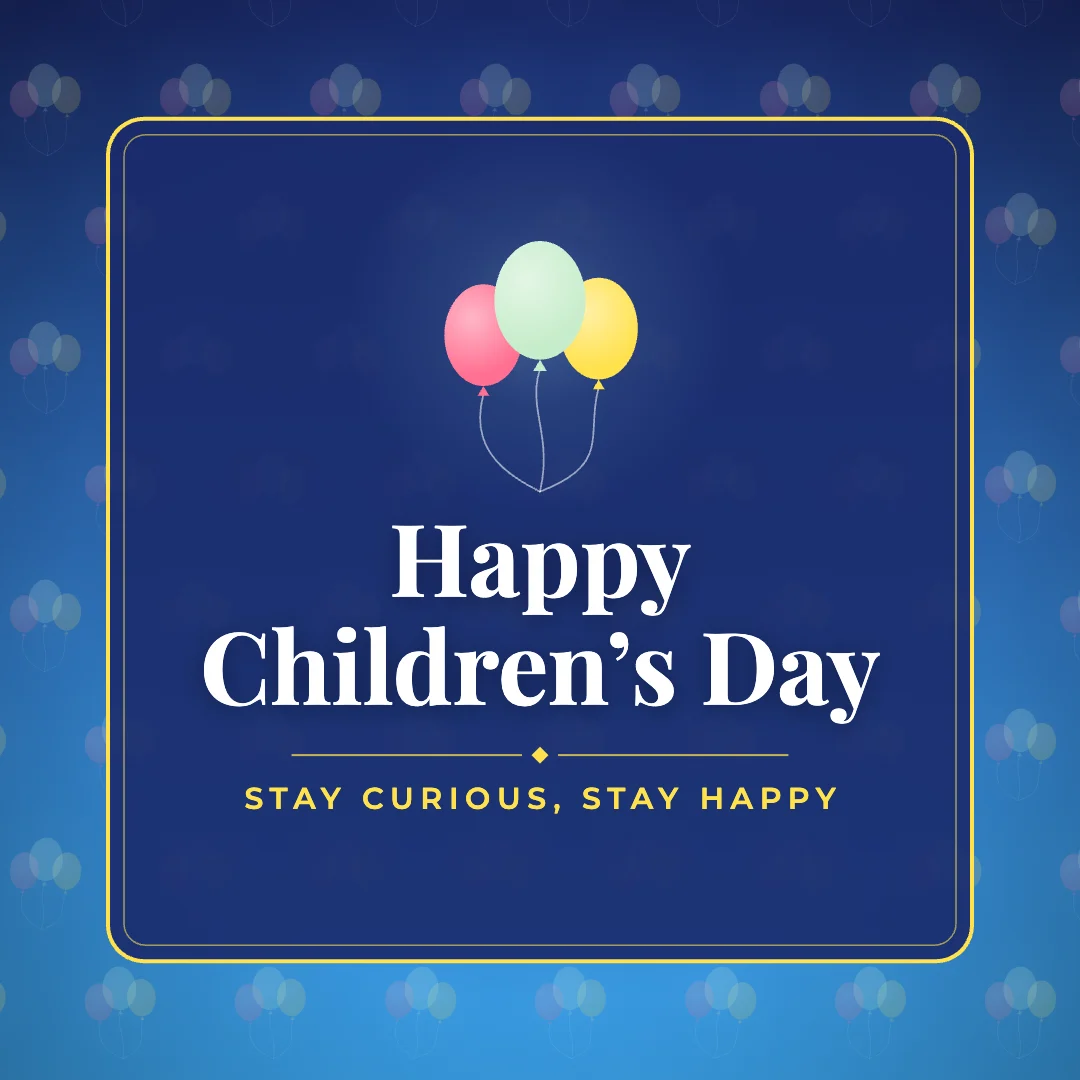 Happy Children’s Day greeting image in pattern panel style with the wish “Stay curious, stay happy”