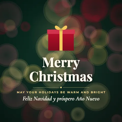 Merry Christmas greeting image in bokeh lights style with the wish “May your holidays be warm and bright” and the greeting in Spanish