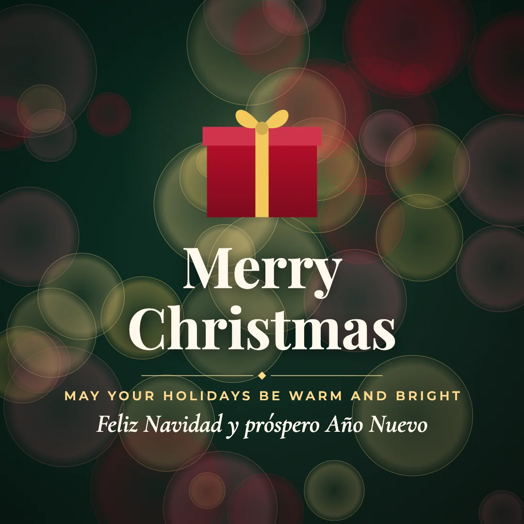 Merry Christmas greeting image in bokeh lights style with the wish “May your holidays be warm and bright” and the greeting in Spanish