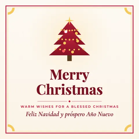 Merry Christmas greeting image in classic frame style with the wish “Warm wishes for a blessed Christmas” and the greeting in Spanish