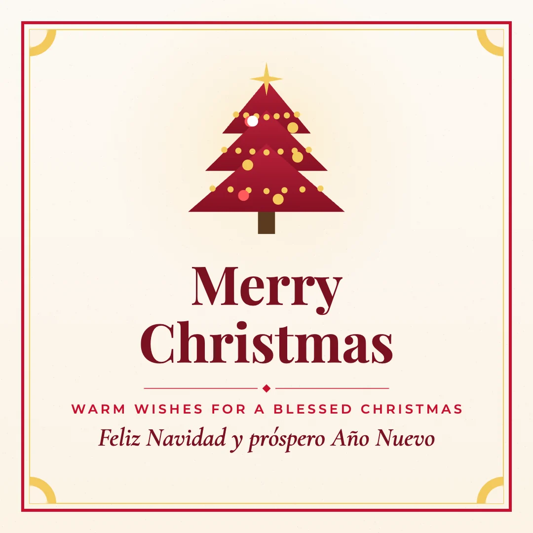 Merry Christmas greeting image in classic frame style with the wish “Warm wishes for a blessed Christmas” and the greeting in Spanish