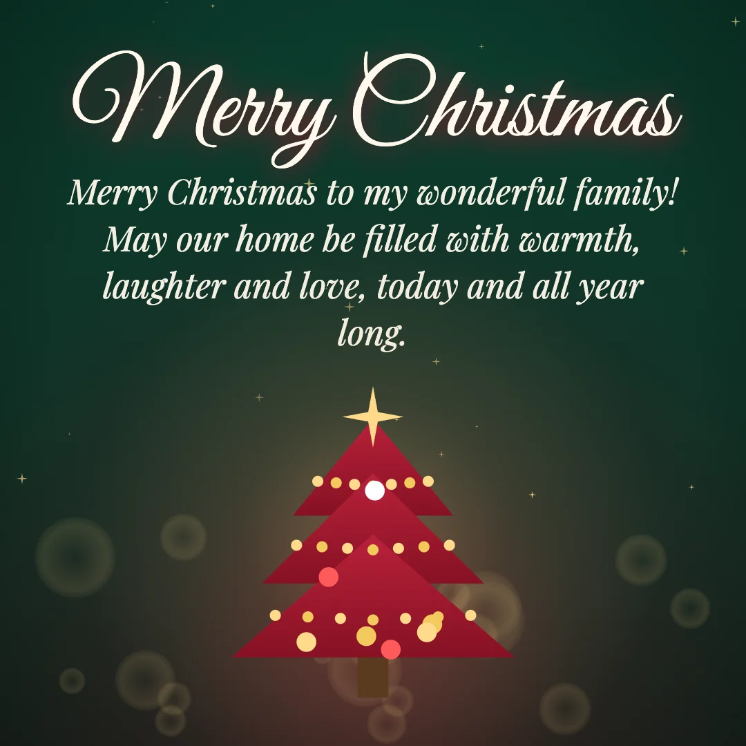 Merry Christmas message card: “Merry Christmas to my wonderful family! May our home be filled with warmth, laughter and love, today and all year long.”