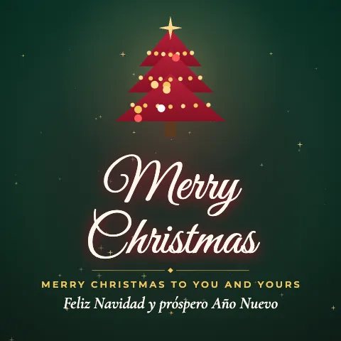 Merry Christmas greeting image in golden glow style with the wish “Merry Christmas to you and yours” and the greeting in Spanish