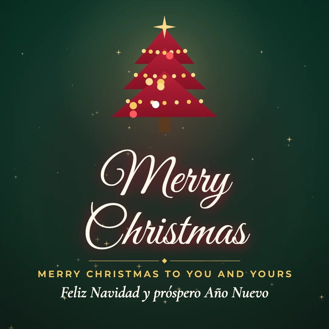 Merry Christmas greeting image in golden glow style with the wish “Merry Christmas to you and yours” and the greeting in Spanish