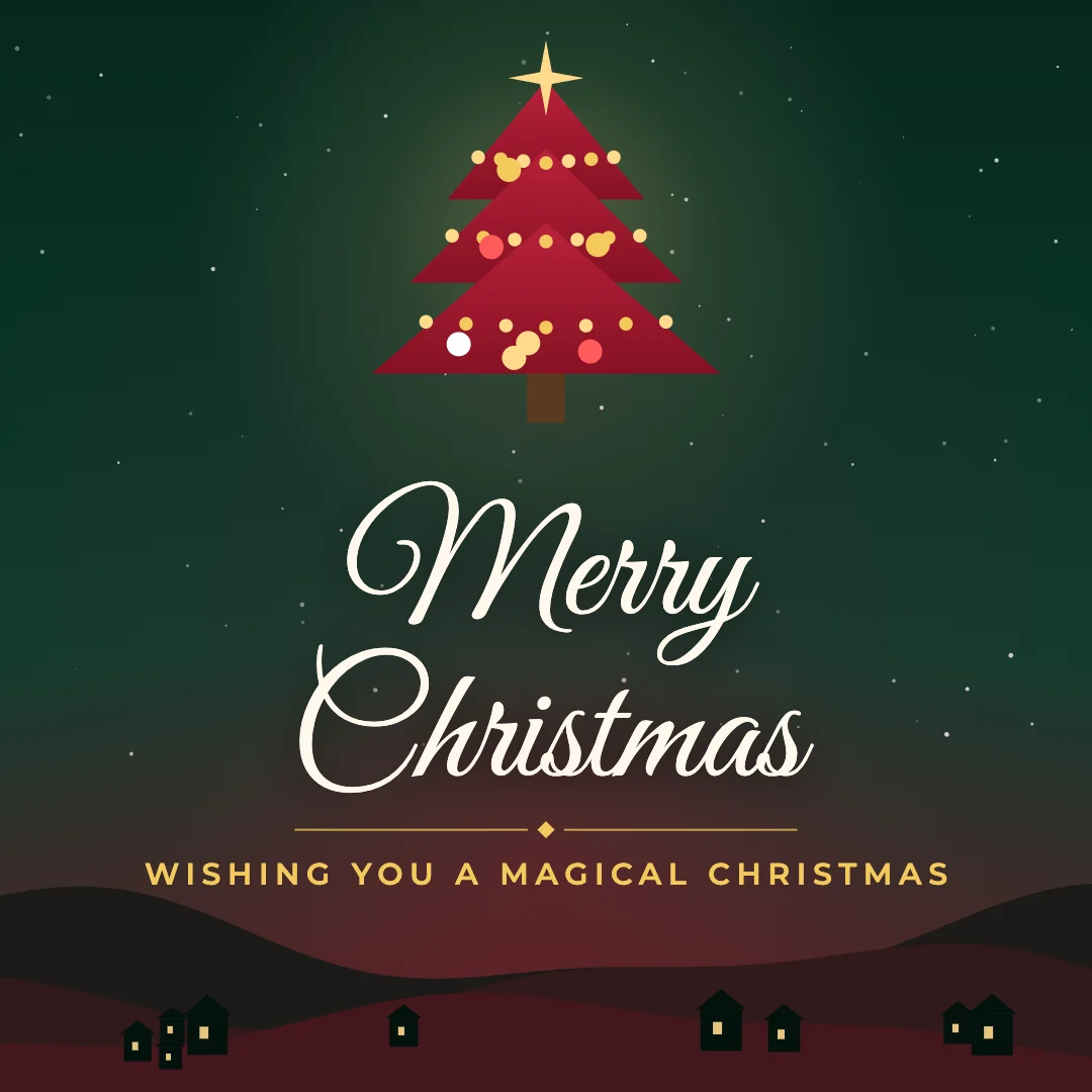 Merry Christmas greeting image in night skyline style with the wish “Wishing you a magical Christmas”