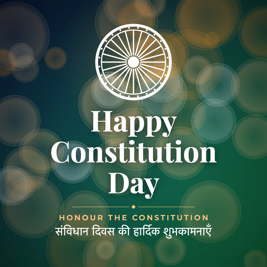 Happy Constitution Day greeting image in bokeh lights style with the wish “Honour the Constitution” and the greeting in Hindi