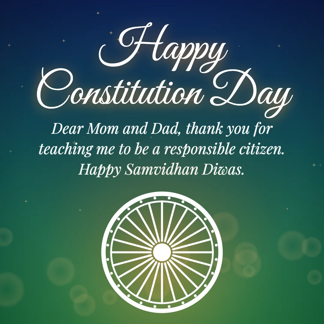Happy Constitution Day message card: “Dear Mom and Dad, thank you for teaching me to be a responsible citizen. Happy Samvidhan Diwas.”