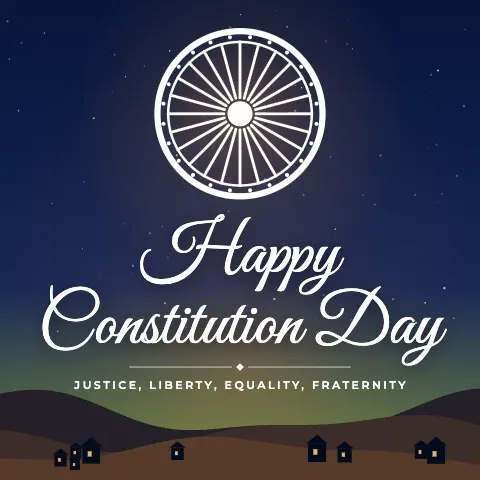 Happy Constitution Day greeting image in night skyline style with the wish “Justice, liberty, equality, fraternity”