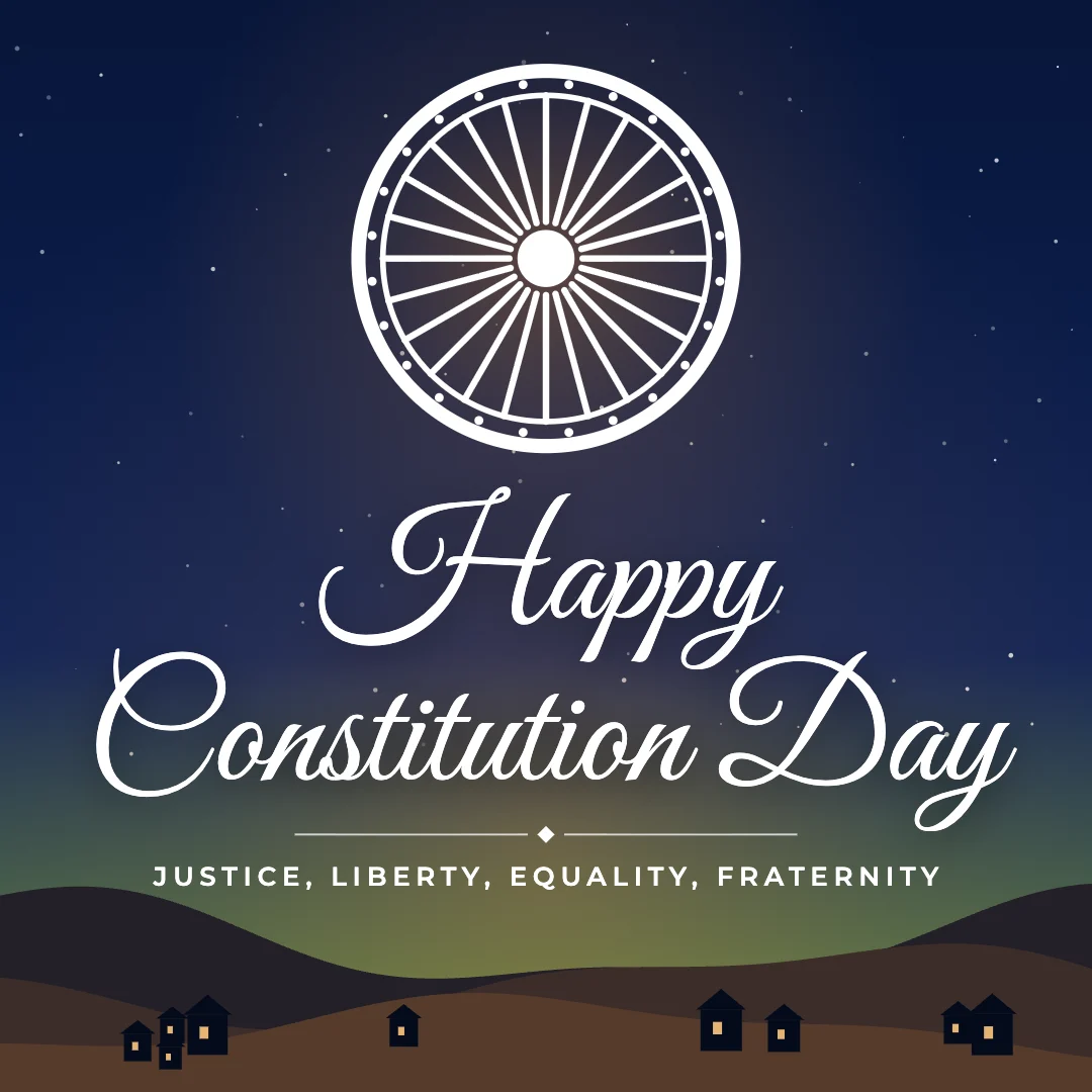 Happy Constitution Day greeting image in night skyline style with the wish “Justice, liberty, equality, fraternity”