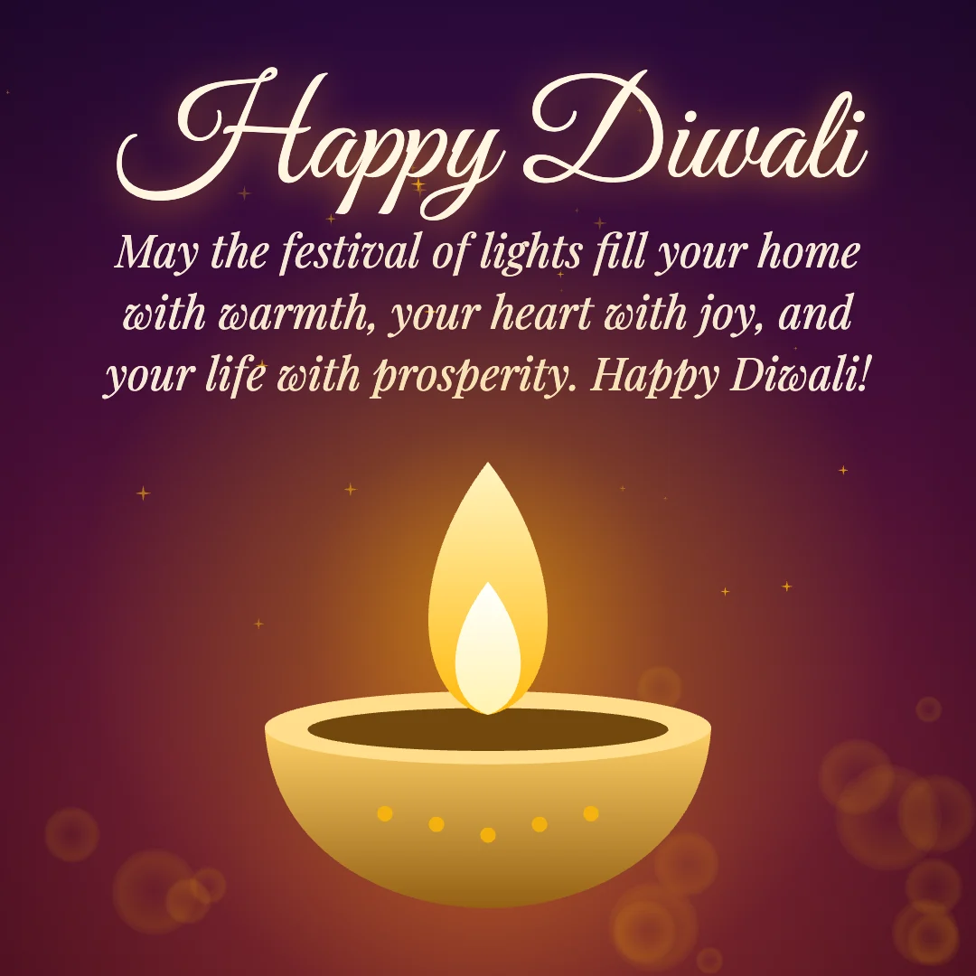 Happy Diwali message card: “May the festival of lights fill your home with warmth, your heart with joy, and your life with prosperity. Happy Diwali!”