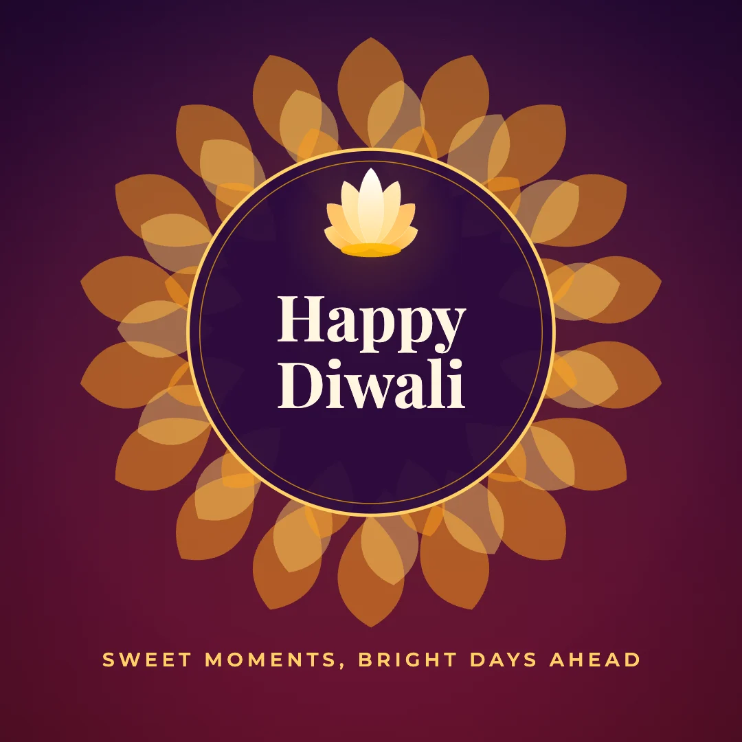 Happy Diwali greeting image in mandala circle style with the wish “Sweet moments, bright days ahead”