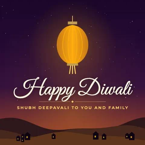 Happy Diwali greeting image in night skyline style with the wish “Shubh Deepavali to you and family”