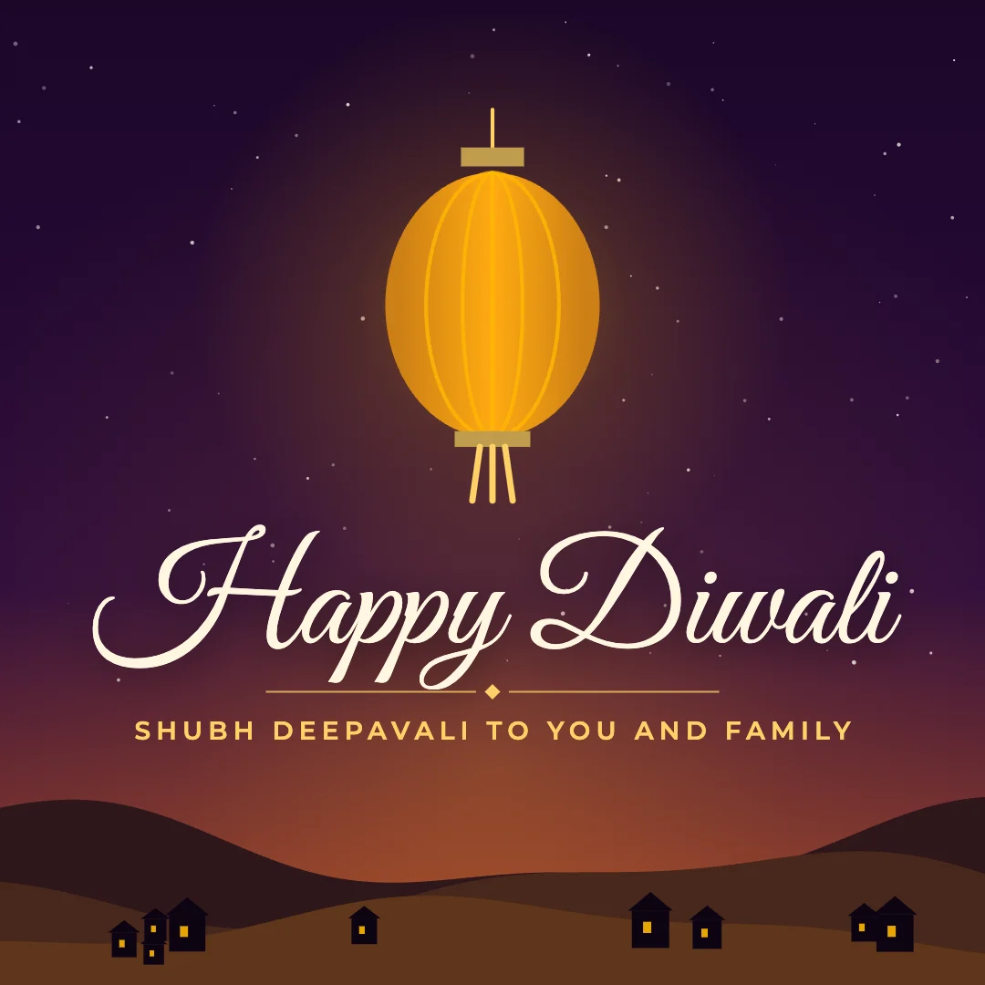 Happy Diwali greeting image in night skyline style with the wish “Shubh Deepavali to you and family”