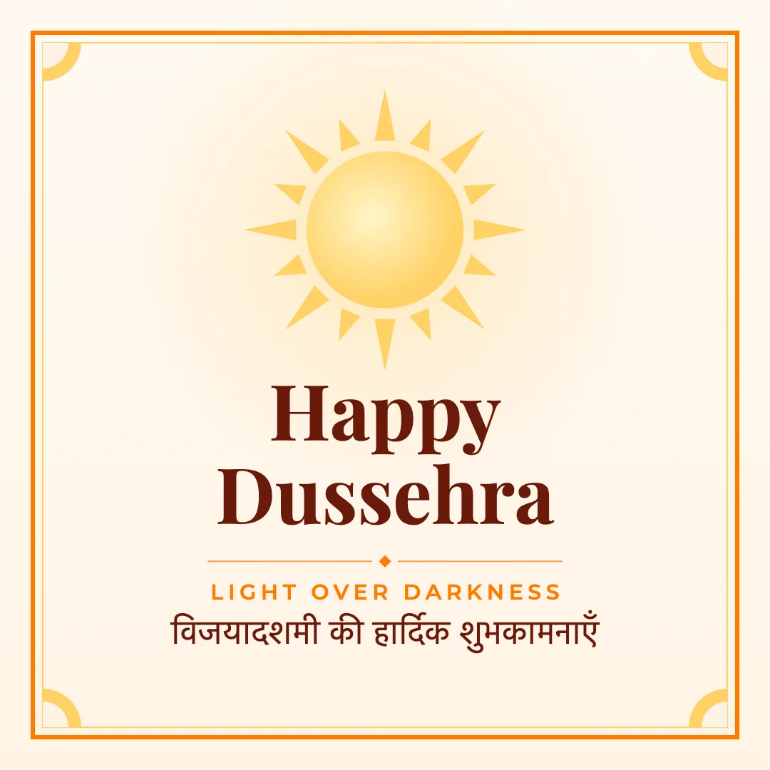 Happy Dussehra greeting image in classic frame style with the wish “Light over darkness” and the greeting in Hindi