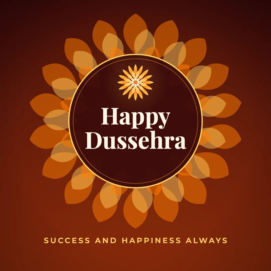 Happy Dussehra greeting image in mandala circle style with the wish “Success and happiness always”