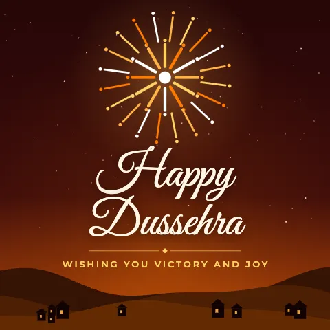 Happy Dussehra greeting image in night skyline style with the wish “Wishing you victory and joy”