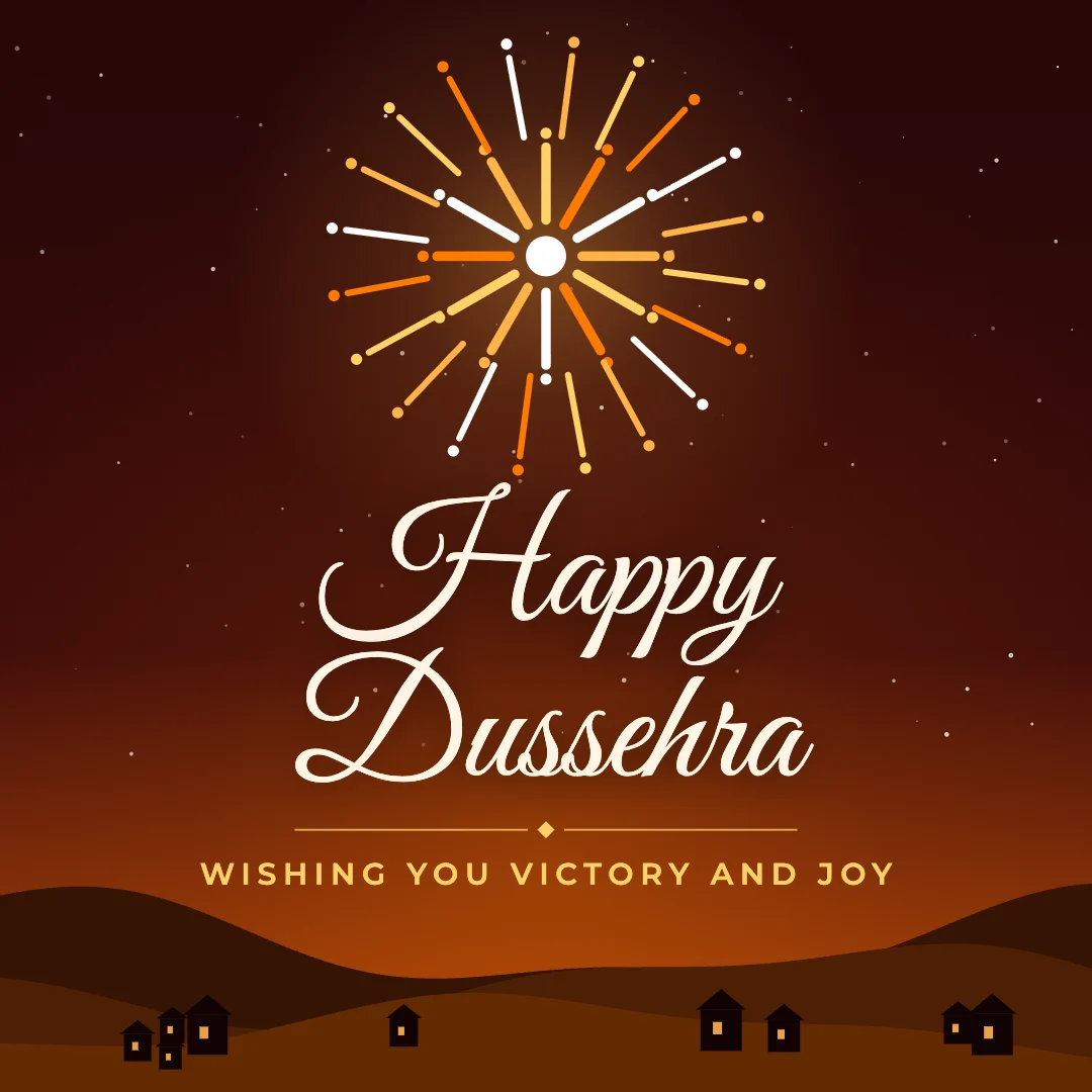 Happy Dussehra greeting image in night skyline style with the wish “Wishing you victory and joy”