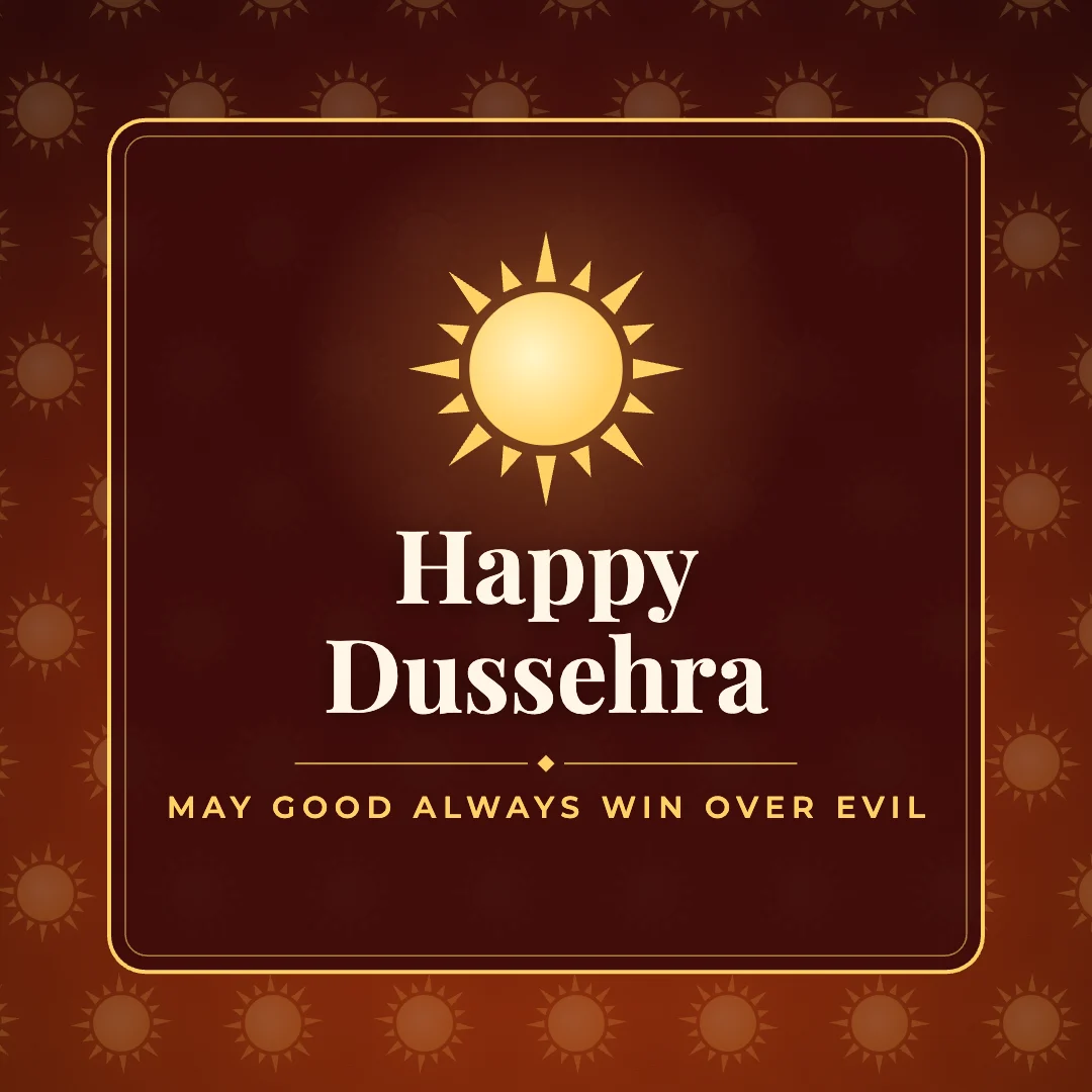 Happy Dussehra greeting image in pattern panel style with the wish “May good always win over evil”