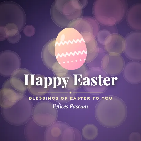 Happy Easter greeting image in bokeh lights style with the wish “Blessings of Easter to you” and the greeting in Spanish