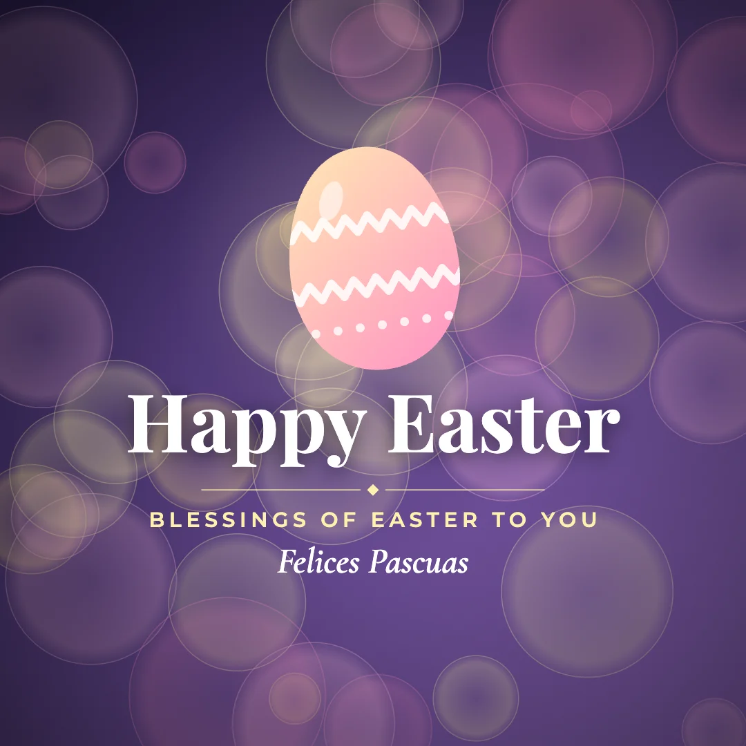 Happy Easter greeting image in bokeh lights style with the wish “Blessings of Easter to you” and the greeting in Spanish